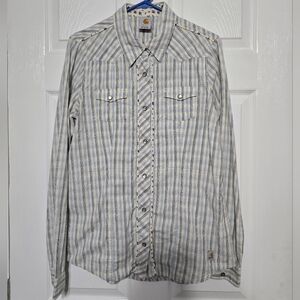 Carhartt womens pearl snap western blue floral trim Size Large